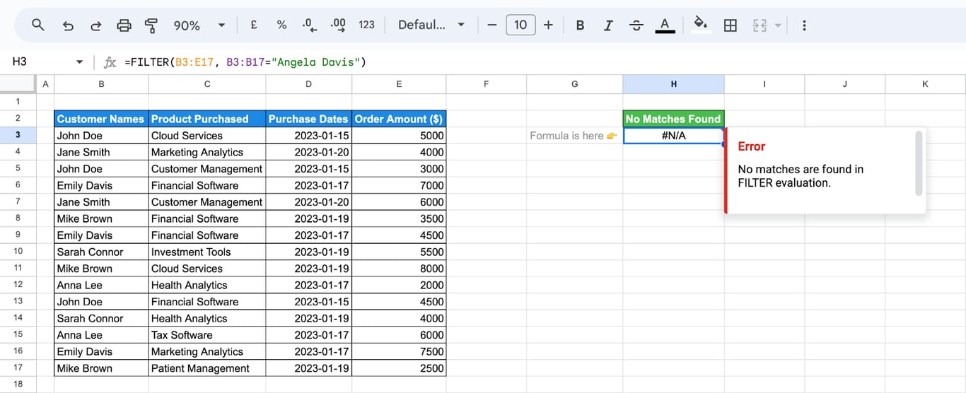 Google Sheets FILTER function displaying ‘#N/A’ error when no matches are found, demonstrating how to handle such scenarios. i-border