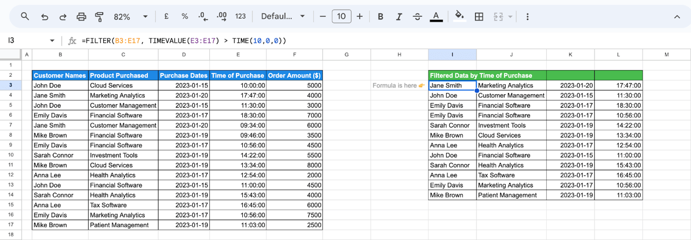 Applies the FILTER function to filter rows based on time values, such as purchases made after a specified time of day. i-border