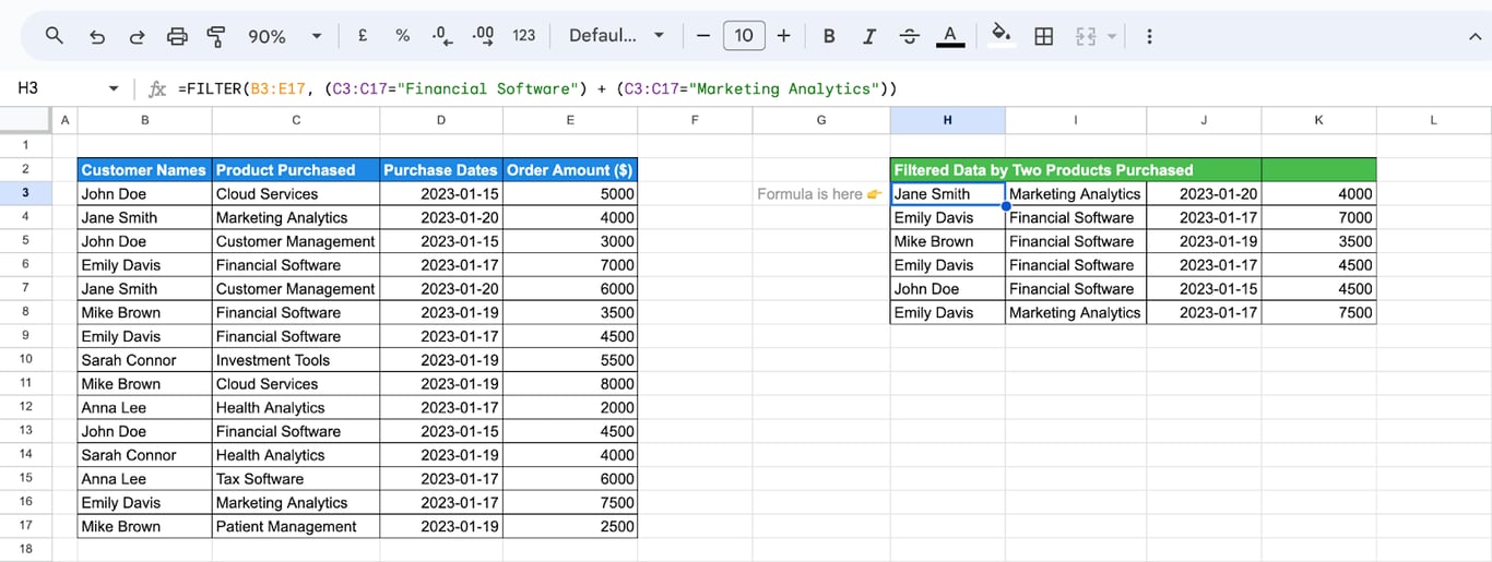 Using the FILTER function with an OR logical operator to extract rows that meet at least one of the specified conditions, such as filtering by two product names. i-border