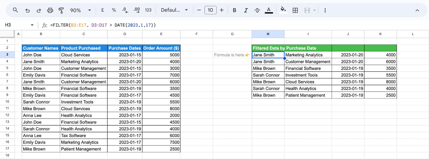 Demonstrates filtering rows based on a date condition, such as retrieving entries with purchase dates after a specific date. i-border