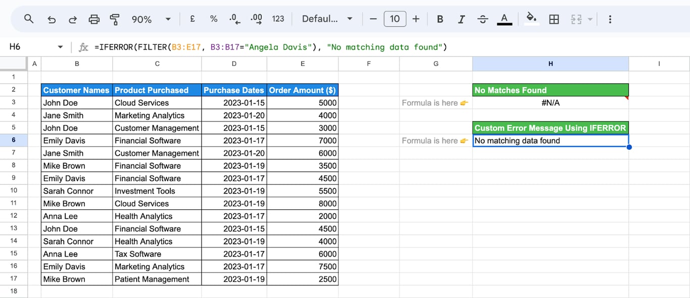 Using IFERROR with FILTER function in Google Sheets to display a custom error message when no data matches the given condition i-border