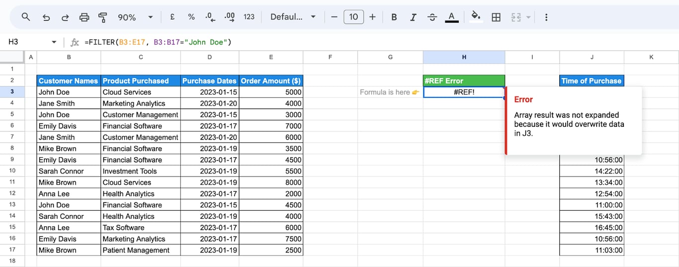 A  #REF! error caused by array output overlapping existing data, highlighting error prevention i-border