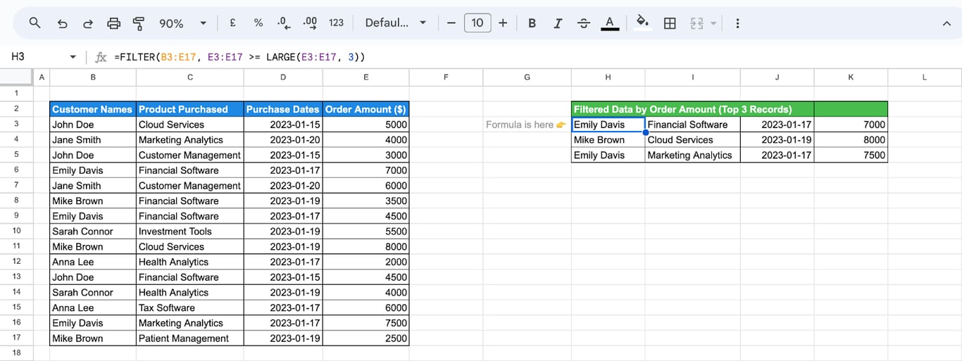 Google Sheets example using FILTER and LARGE functions to identify the top 3 highest order amounts from filtered data. i-border