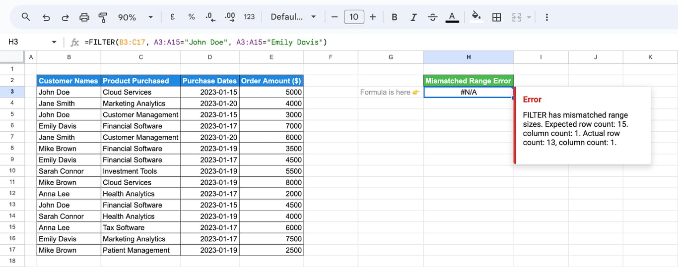 A mismatched range error in Google Sheets, occurring during FILTER function application with inconsistent ranges. i-border