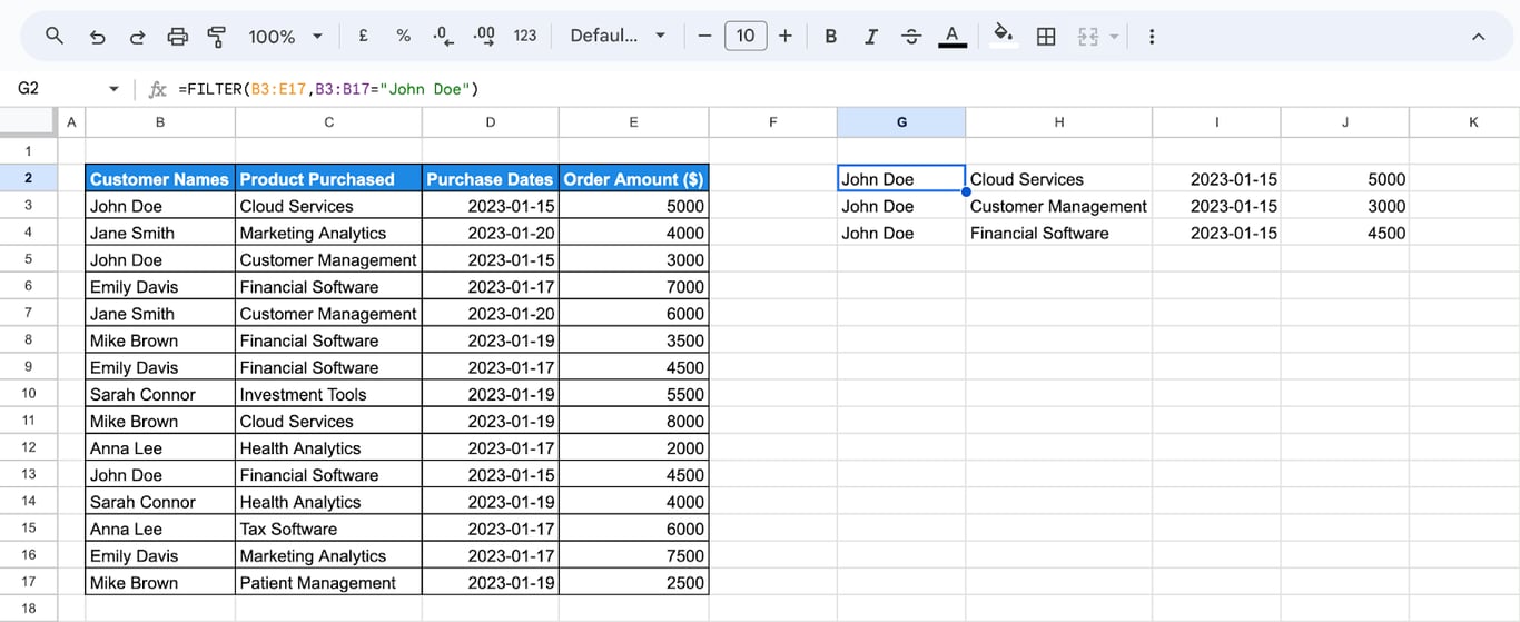 Result of applying the FILTER function, showing filtered rows containing ‘John Doe’ with corresponding columns and values. i-border