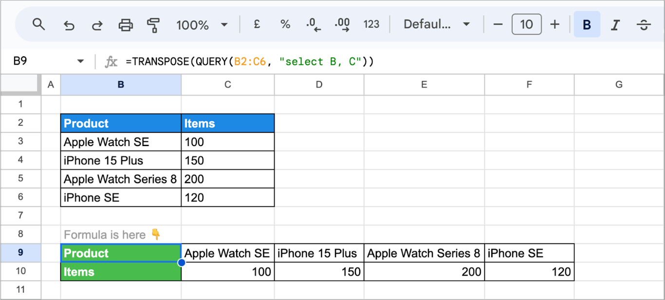 TRANSPOSE function to the QUERY results i-border