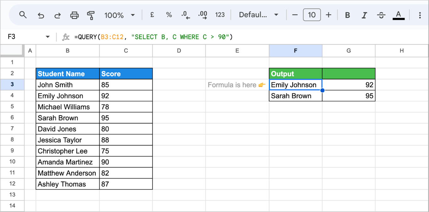 Explanation of the QUERY function in Google Sheets, showing syntax and parameters for data queries. i-border