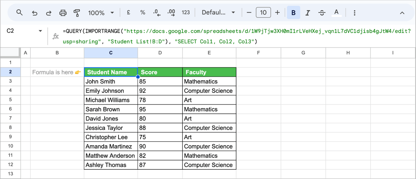 Using QUERY and IMPORTRANGE functions in Google Sheets to import a specific data range from another sheet. i-border