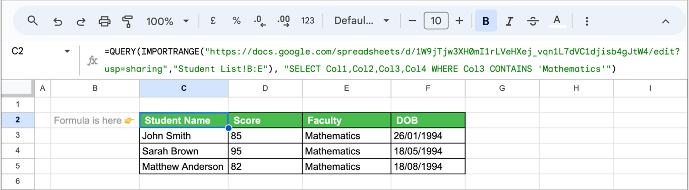 Searching for specific text in imported data using QUERY and IMPORTRANGE functions in Google Sheets. i-border