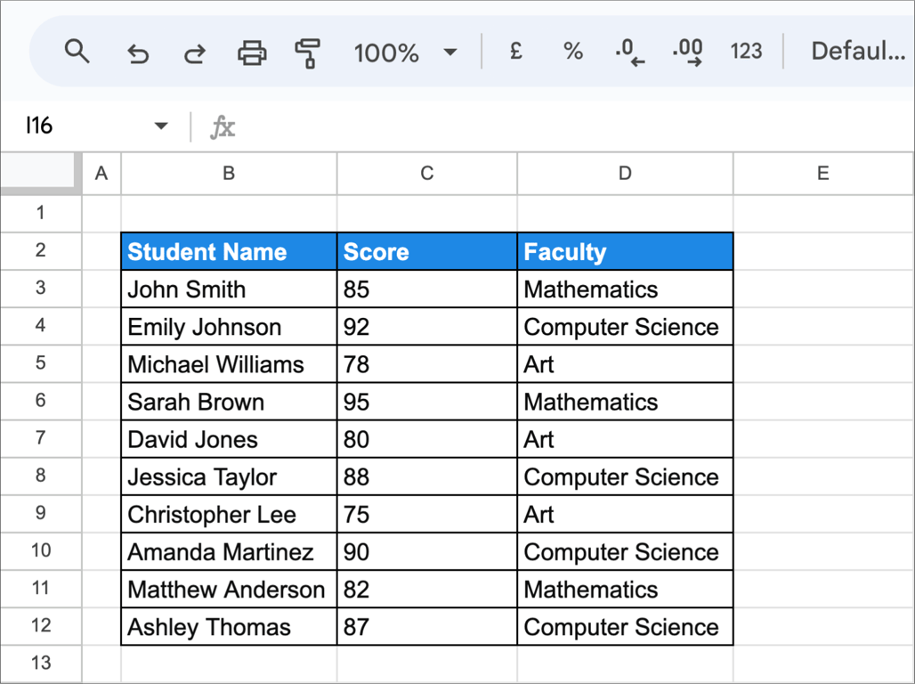 Student list data example in Google Sheets used to apply QUERY and IMPORTRANGE functions. i-border