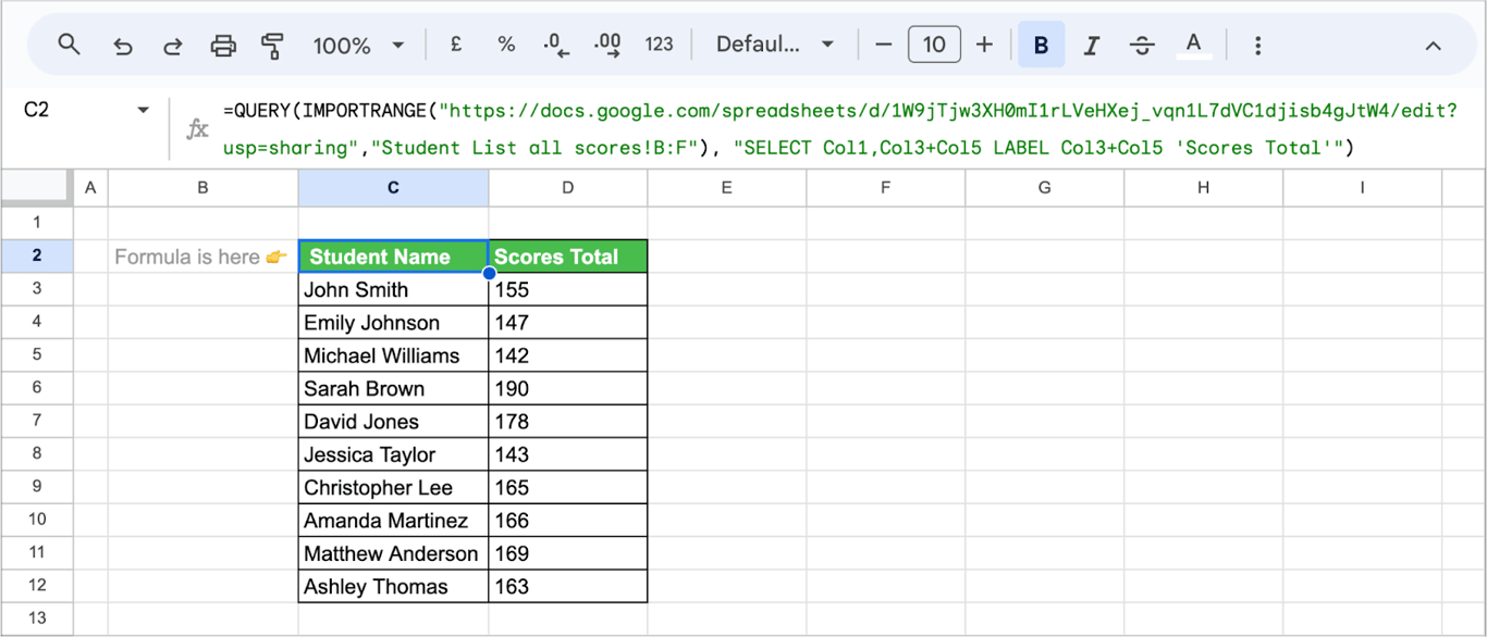 Performing arithmetic calculations on imported data with QUERY and IMPORTRANGE functions in Google Sheets. i-border