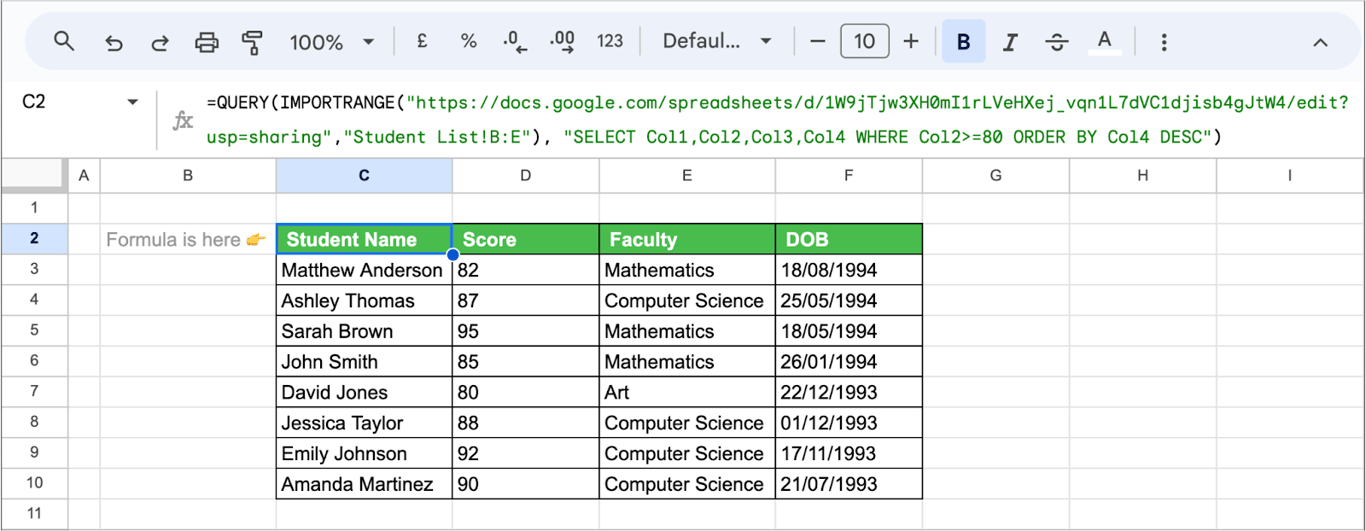 Sorting imported data using QUERY and IMPORTRANGE functions in Google Sheets. i-border