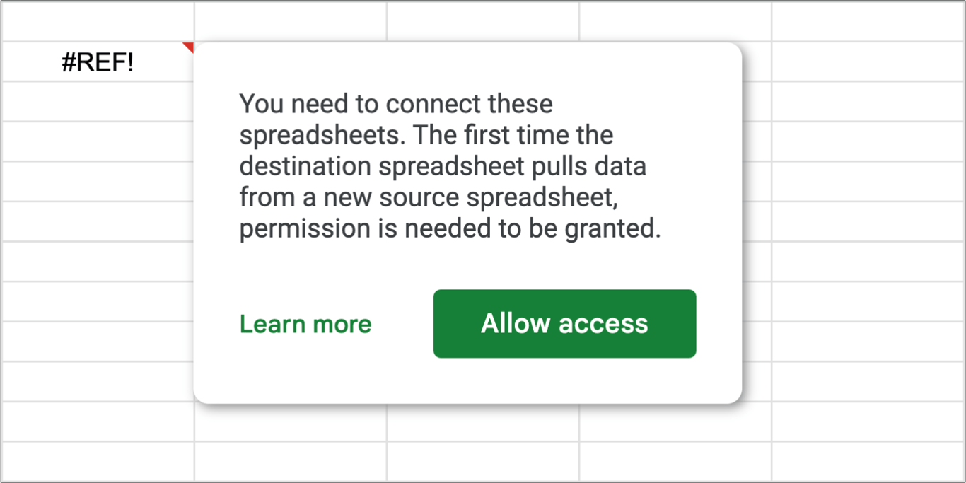 Steps for allowing access when using the IMPORTRANGE function in Google Sheets for data sharing. i-border