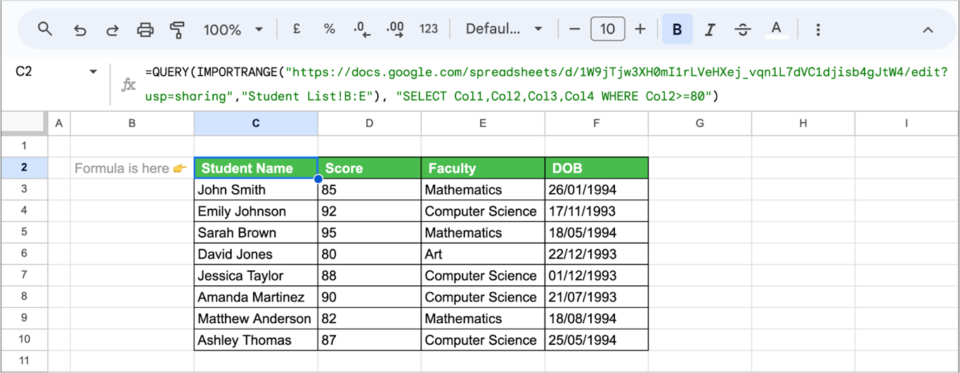 Filtering imported data using QUERY and IMPORTRANGE functions in Google Sheets. i-border