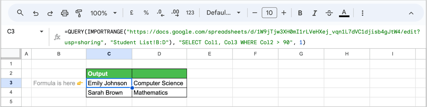 Example of combining QUERY and IMPORTRANGE functions in Google Sheets for advanced data analysis. i-border