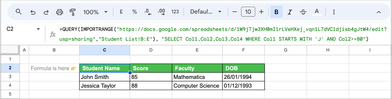 Applying multiple criteria with QUERY and IMPORTRANGE functions in Google Sheets for advanced filtering. i-border