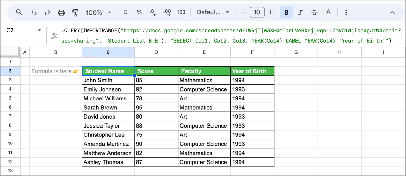 Applying scalar functions to imported data using QUERY and IMPORTRANGE in Google Sheets. i-border