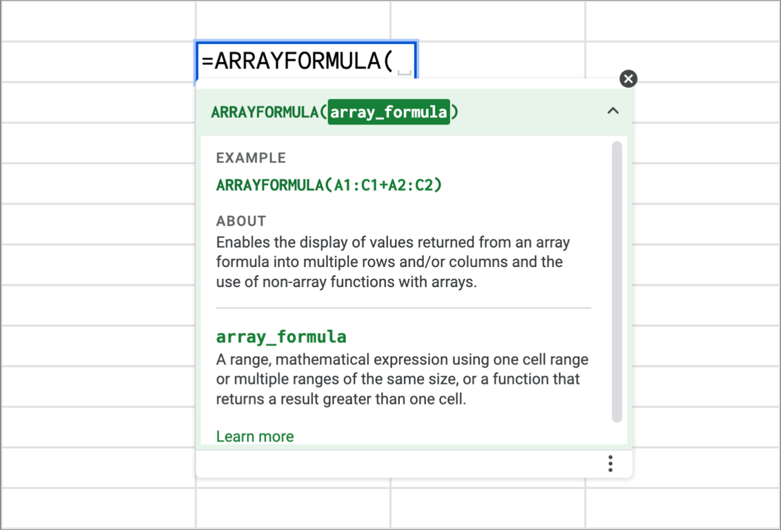 Syntax and structure of the ARRAYFORMULA function in Google Sheets, highlighting its ability to expand a formula across ranges. i-border