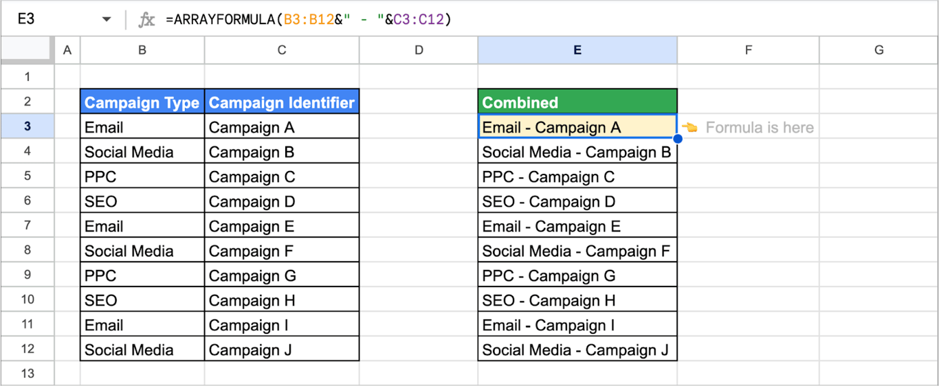Using ARRAYFORMULA in Google Sheets to combine data from multiple columns efficiently. i-border