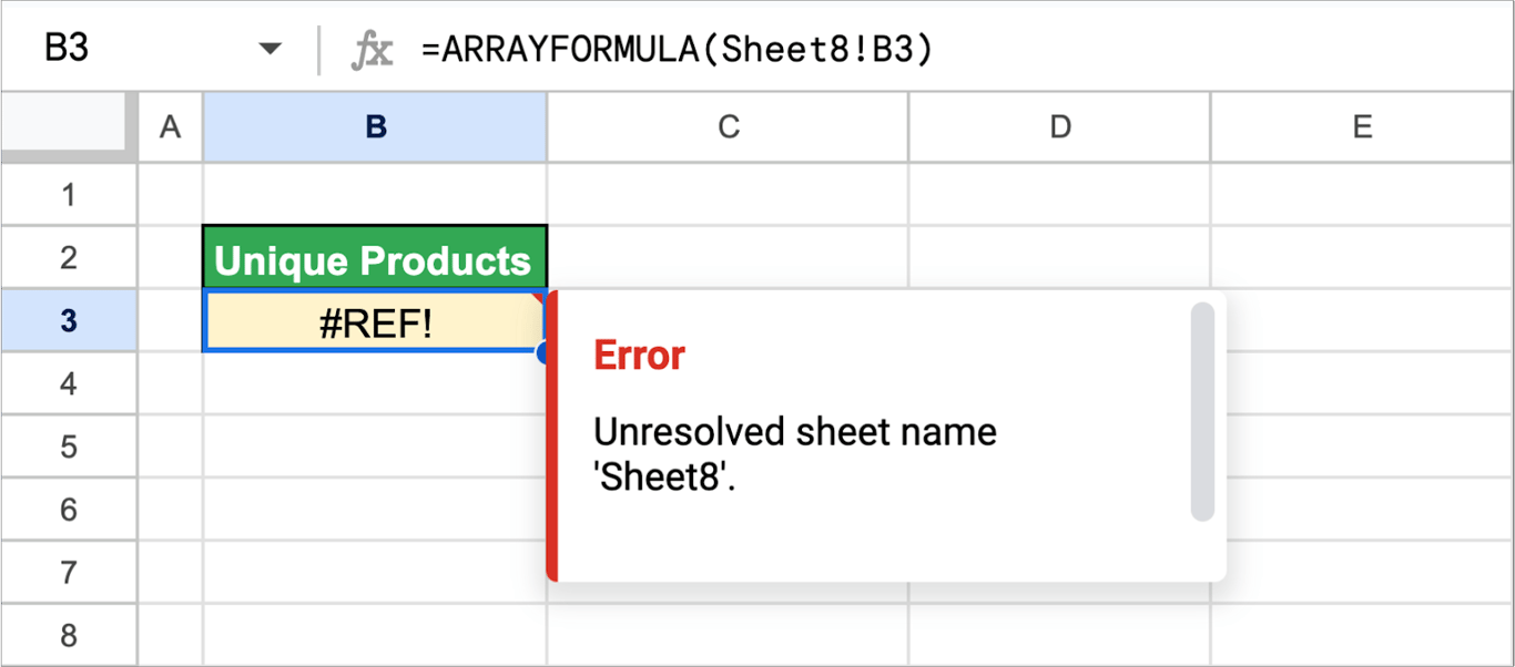 Example of fixing #REF! errors caused by improper range references in ARRAYFORMULA in Google Sheets. i-border