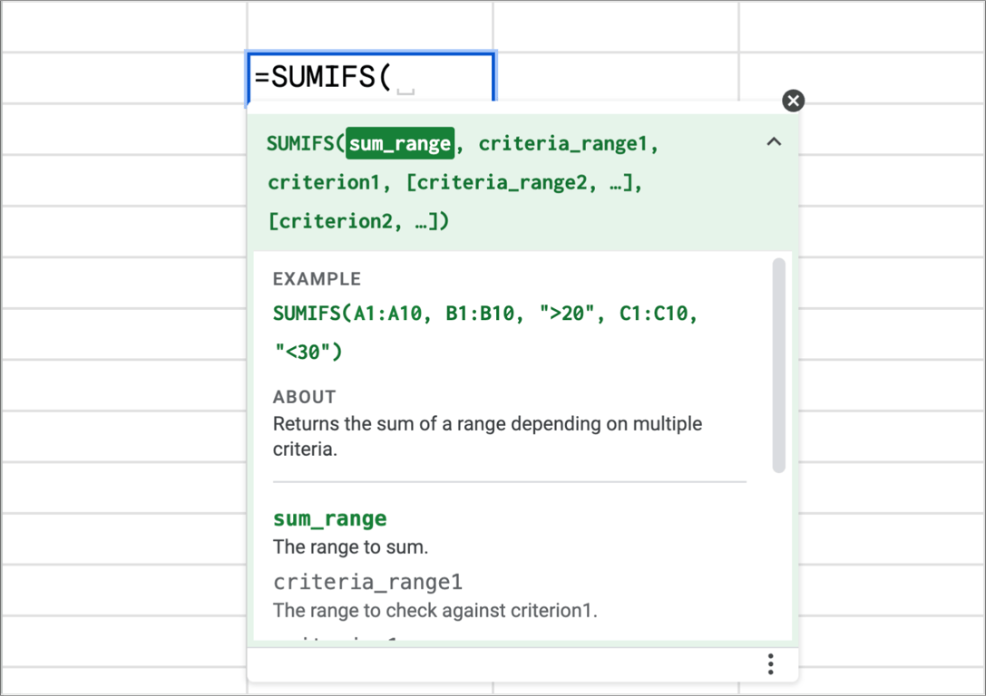 Example of using SUMIFS within ARRAYFORMULA for analyzing data based on multiple criteria in Google Sheets.
