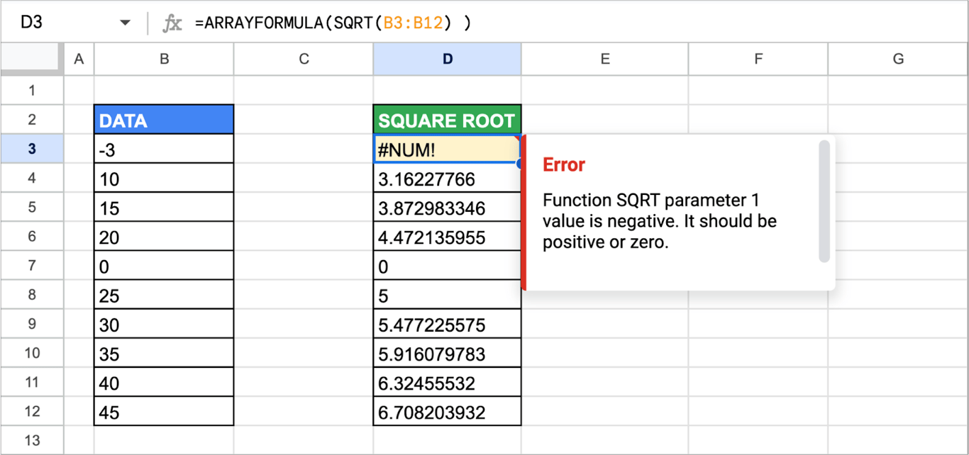 Resolving #NUM! errors in Google Sheets when using ARRAYFORMULA for calculations. i-border