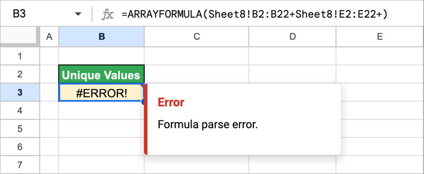 Troubleshooting generic #ERROR! messages in Google Sheets while using ARRAYFORMULA. i-border