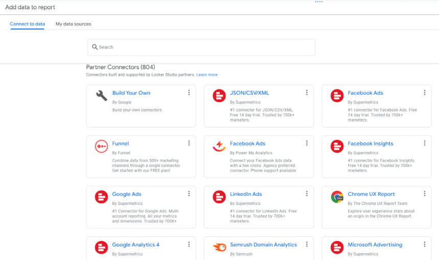 OWOX BI Looker Studio template interface for adding data sources like Google Ads, Facebook Ads, and Semrush Domain Analytics i-shadow
