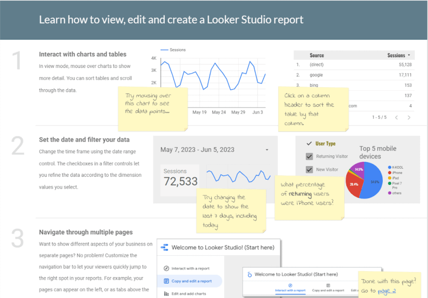 Step-by-step instructions on using the OWOX BI Looker Studio template for viewing, editing, and creating reports with interactive charts and filters i-shadow