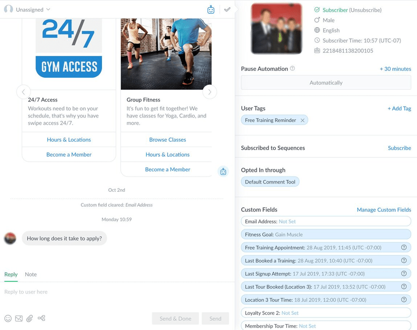 ManyChat interface showing automated chat interactions and user data. i-shadow