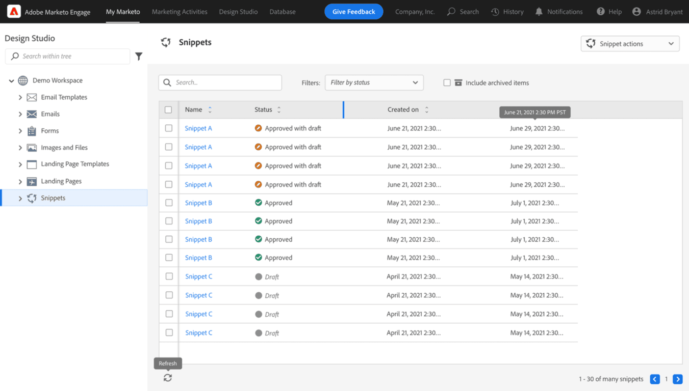 Marketo dashboard displaying email templates, landing pages, and marketing snippets. i-shadow