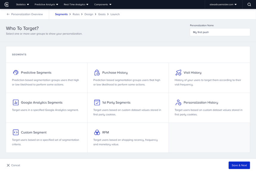 Insider platform interface displaying audience segmentation and targeting options for personalized marketing. i-shadow