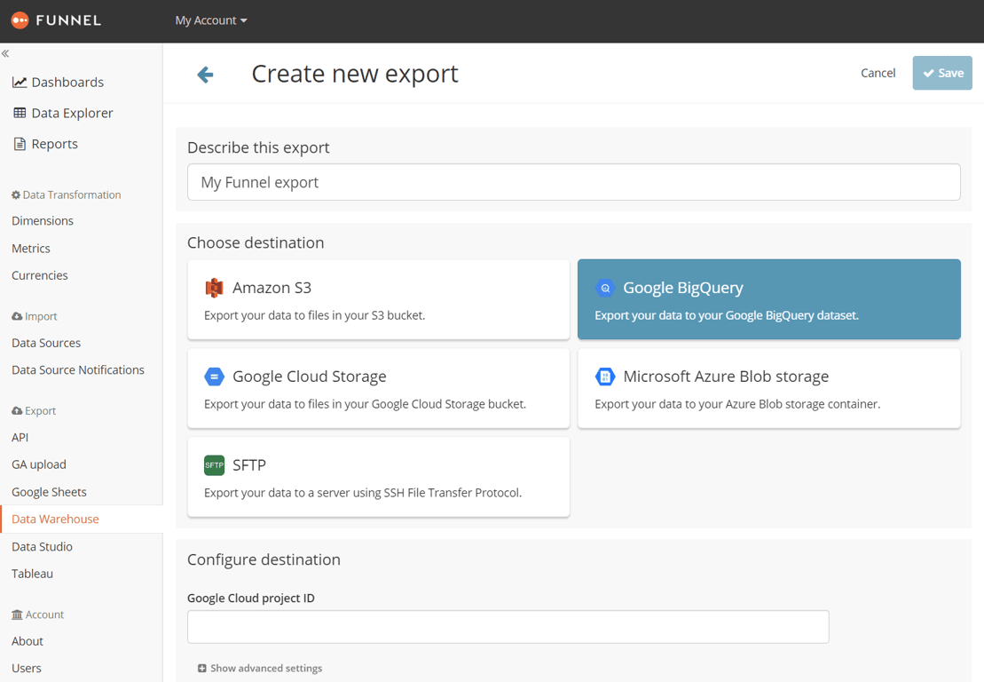 Funnel data export interface showing options for exporting marketing data to cloud storage and data warehouses. i-shadow