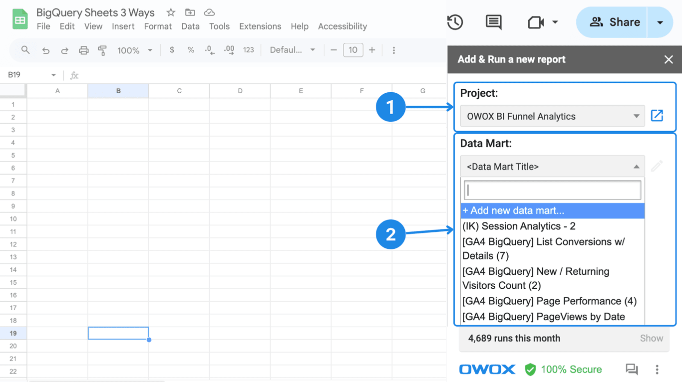 OWOX BI funnel analytics interface for selecting a Google BigQuery project and adding a new Data Mart. i-border