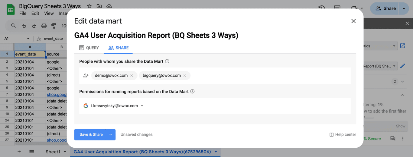 Sharing settings for a Data Mart in OWOX Reports showing permissions assigned to different users. i-border