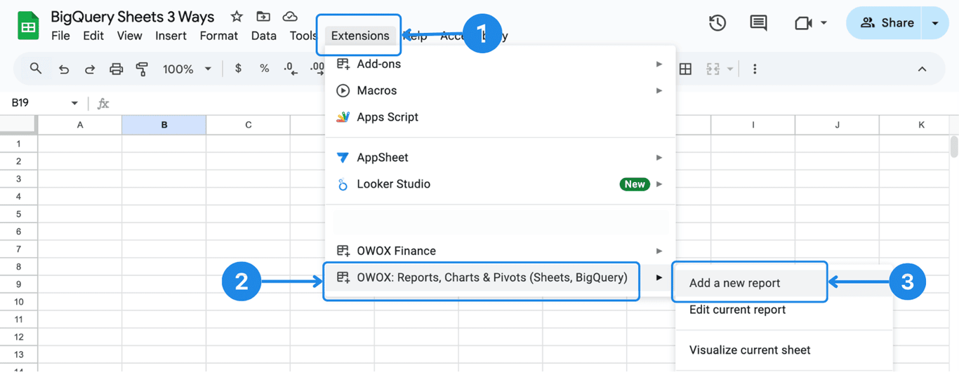 Google Sheets Extensions menu open with OWOX Reports option selected and ‘Add a new report’ highlighted. i-border