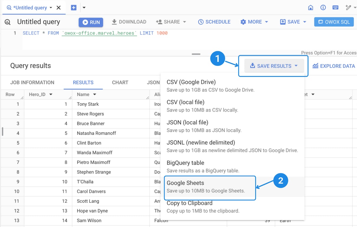 BigQuery interface showing SQL query results and the ‘Save Results’ menu with ‘Google Sheets’ option highlighted. i-border