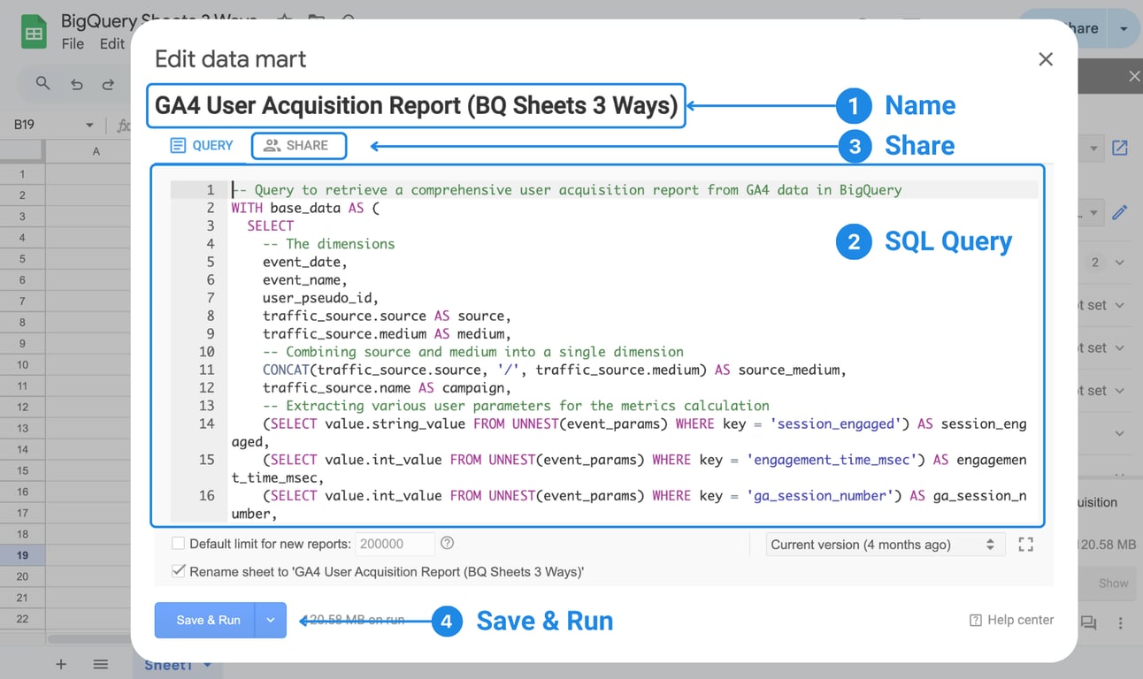 Editing a GA4 User Acquisition Report with SQL query section and sharing options in OWOX Reports. i-border