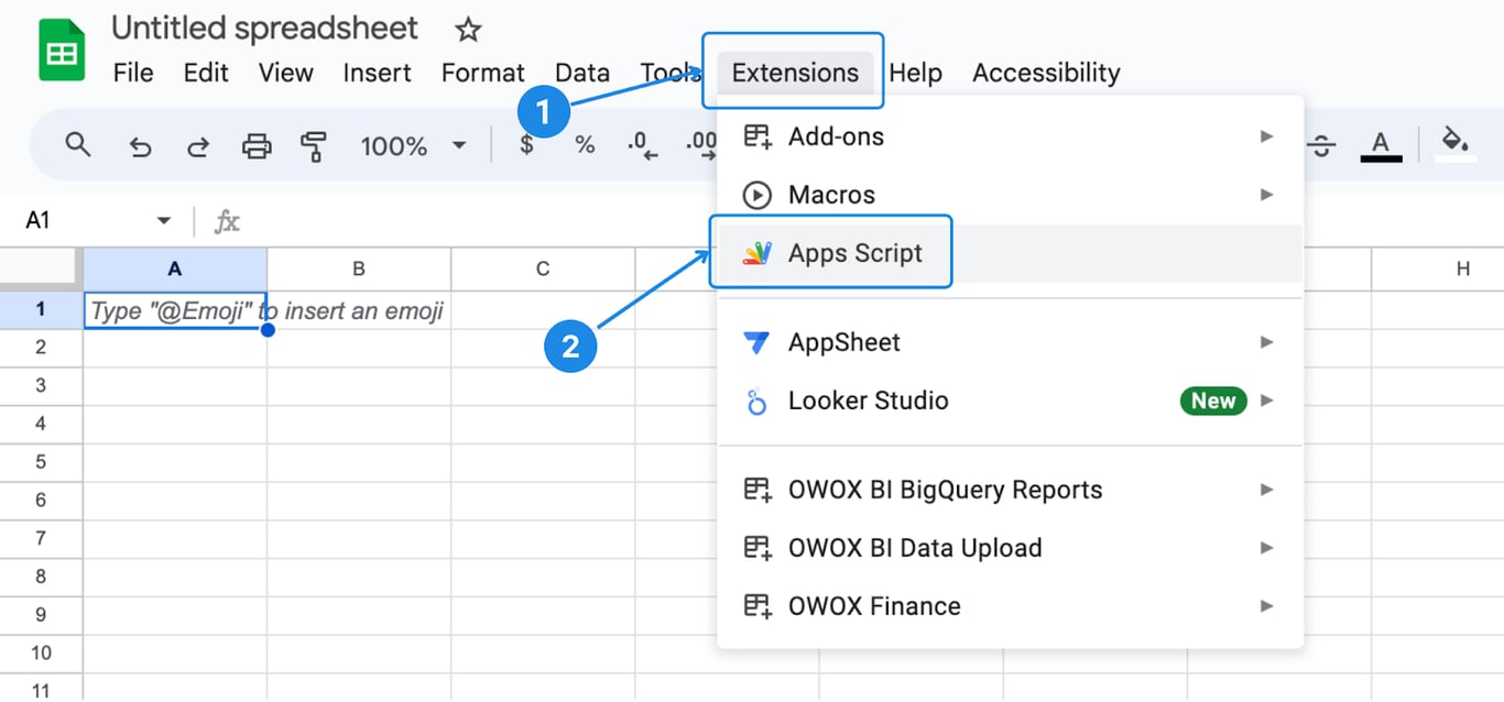 Google Sheets ‘Extensions’ menu with ‘Apps Script’ selected to automate report scheduling and email alerts. i-border
