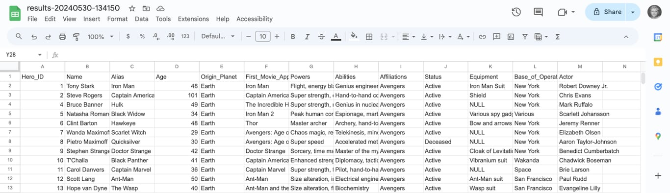 Google Sheets document displaying exported BigQuery results with hero data including name, alias, and powers. i-border