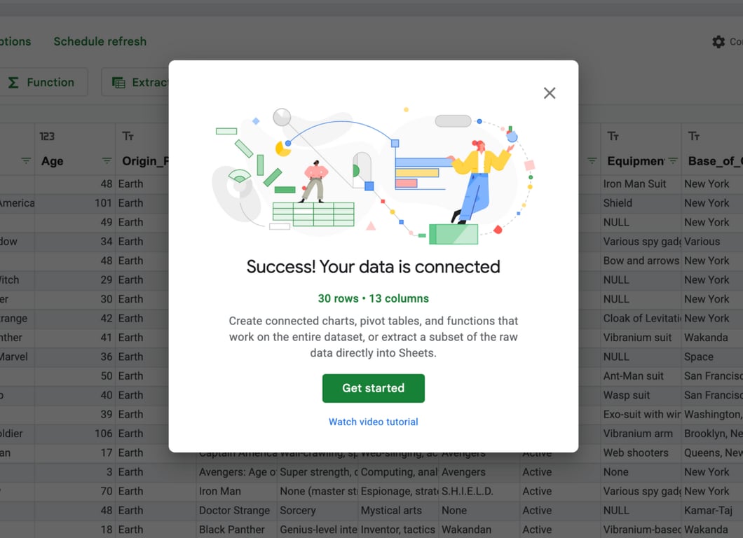 Success message in Google Sheets confirming BigQuery data connection with preview and options to explore. i-border