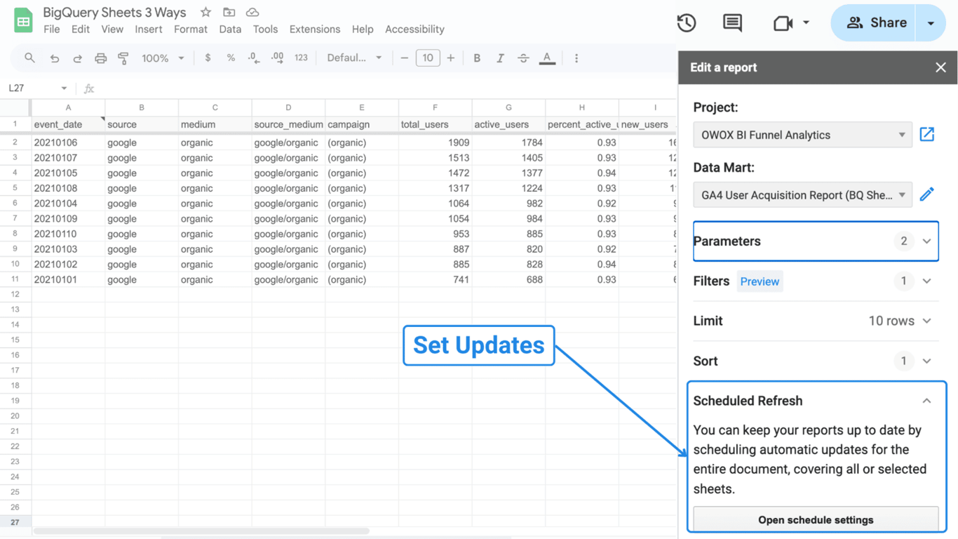 Scheduled Refresh settings panel showing options to set update frequencies for Google Sheets reports. i-border