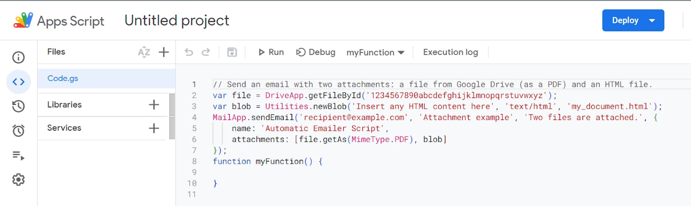 Google Apps Script editor showing a sample script that sends an email with two attachments: a PDF file from Google Drive and an HTML blob. i-border