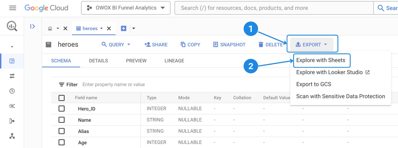 Google Cloud BigQuery table export menu with ‘Explore with Sheets’ option highlighted for exporting dataset. i-border