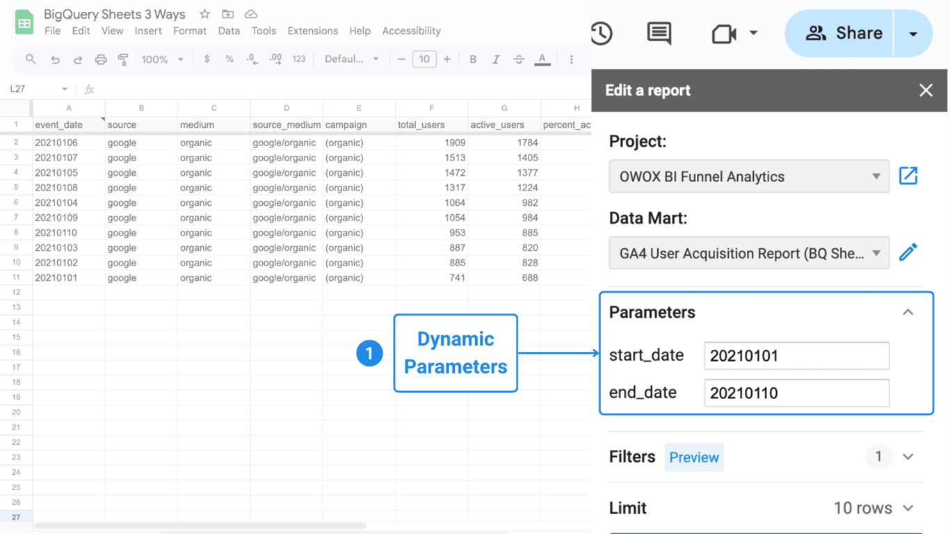 Google Sheets report showing event data with editable dynamic date parameters for start and end dates in the OWOX BI sidebar. i-border