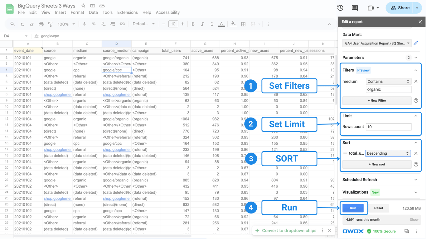 Google Sheets report interface with parameters set for filters, limits, sorting, and run button active. i-border