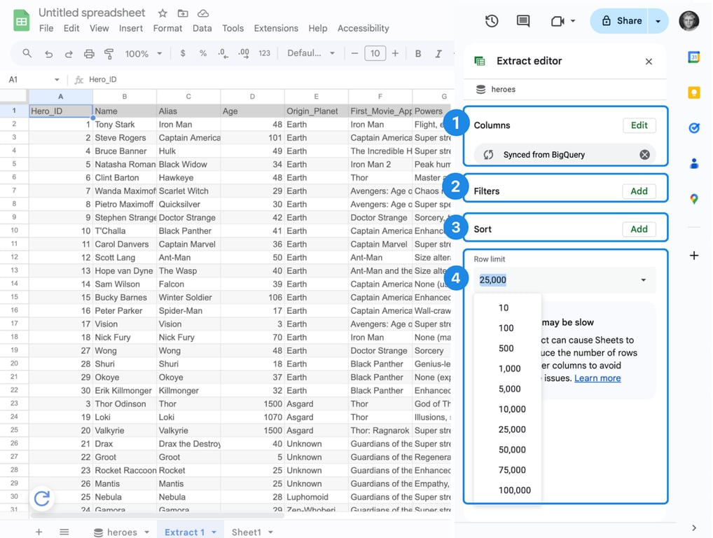 Extract editor in Connected Sheets showing synced columns from BigQuery, filters, sorting, and row limit settings. i-border