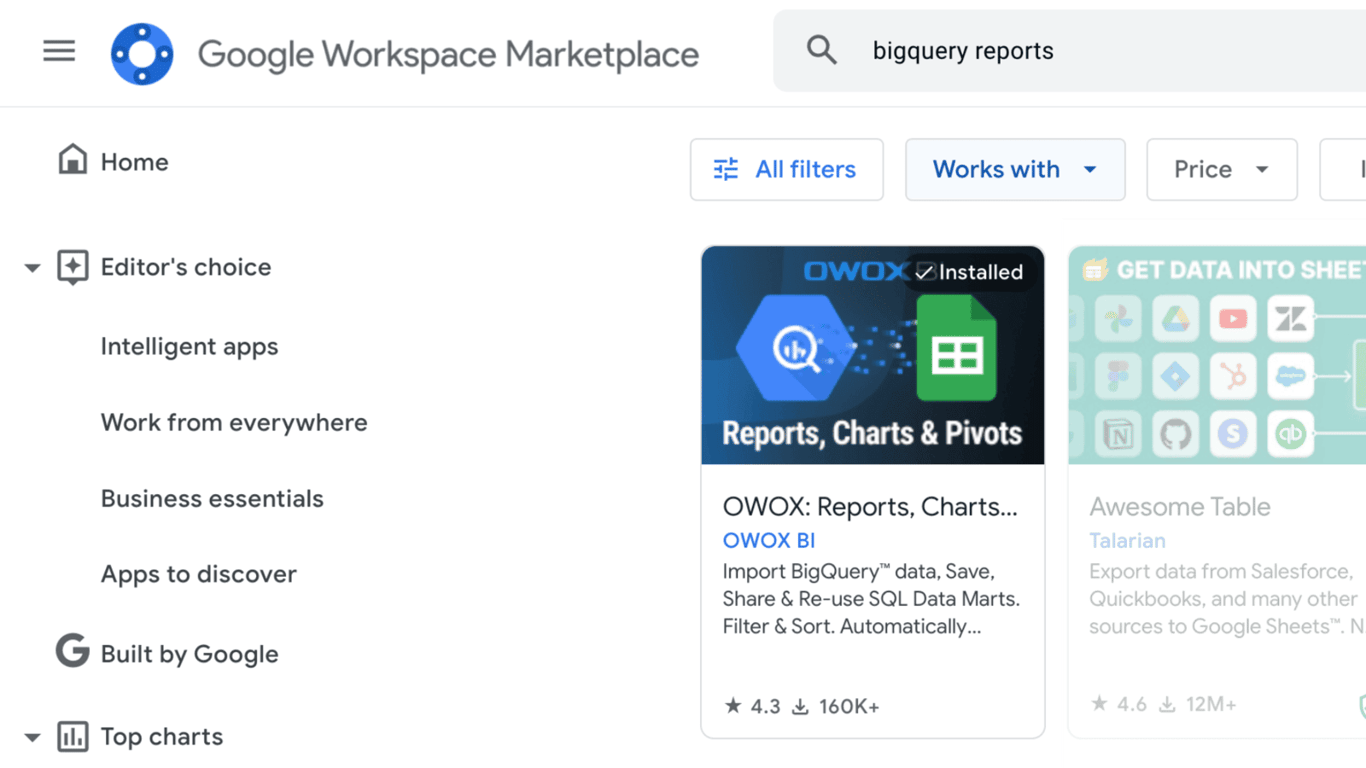 Google Workspace Marketplace showing search results for ‘BigQuery reports’ with OWOX Reports and Awesome Table tools. i-border