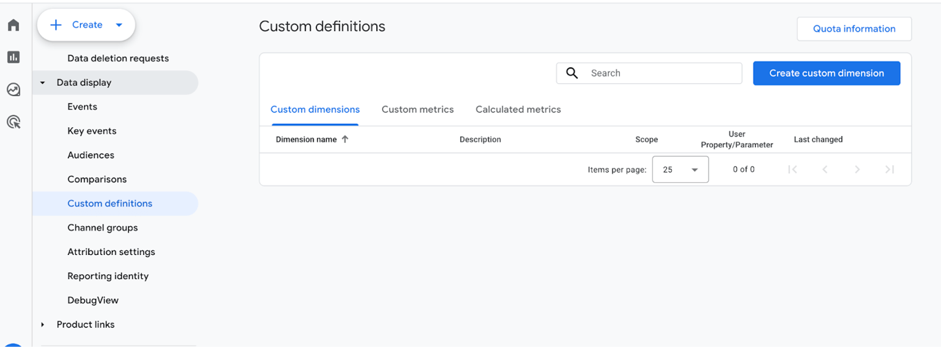 Google Analytics Custom Definitions page, allowing the creation of custom dimensions for tracking user properties. i-shadow