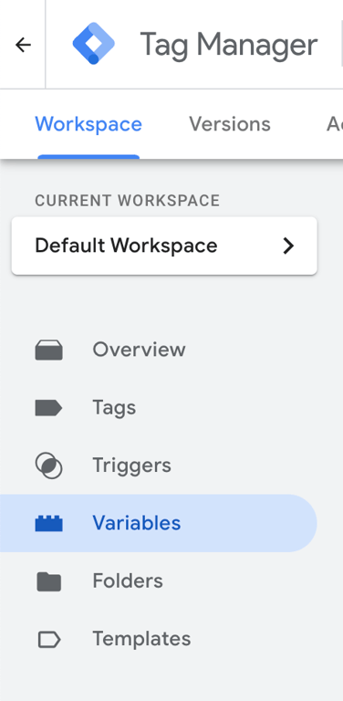 Google Tag Manager workspace showing navigation to the Variables section for configuration. i-shadow